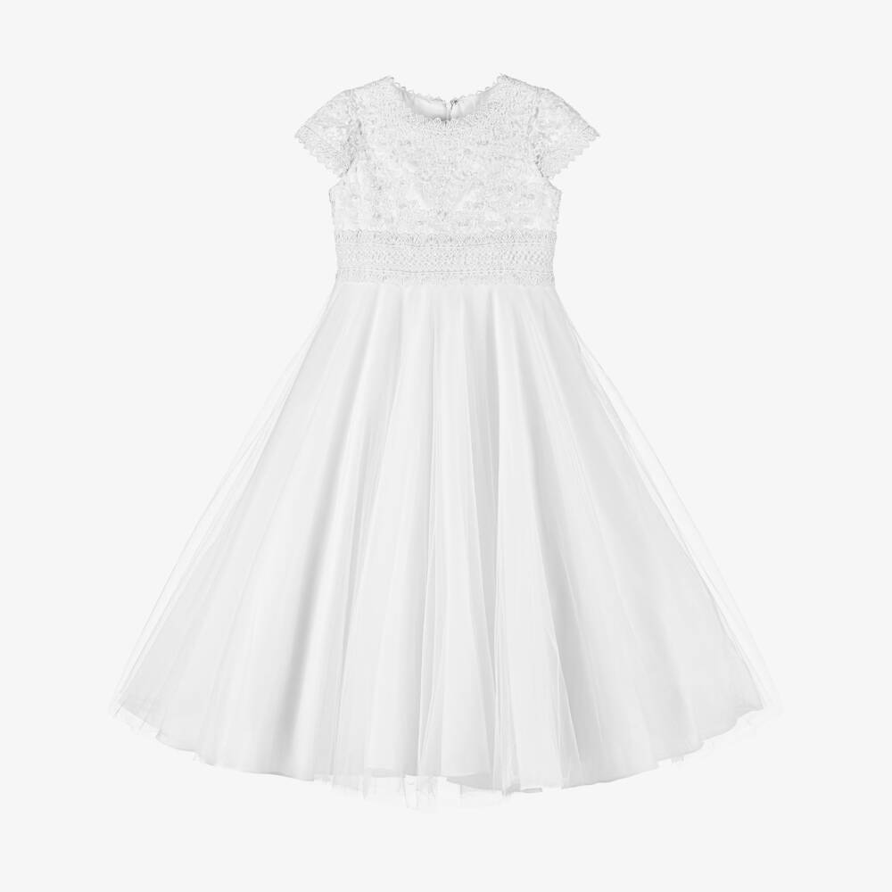 Sarah Louise-Girls White Embroidered & Beaded Tulle Dress | Childrensalon