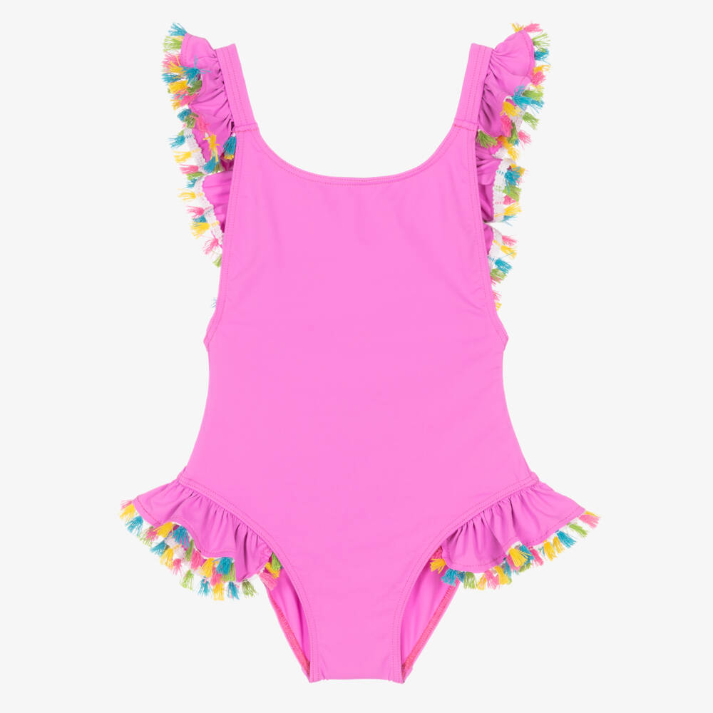 Selini Action-Girls Pink Ruffle Swimsuit with Colourful Tassels | Childrensalon