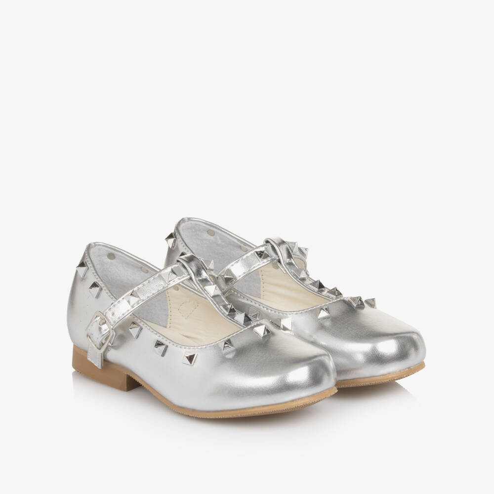 Sevva-Girls Silver Faux Leather Studded T-Bar Shoes | Childrensalon