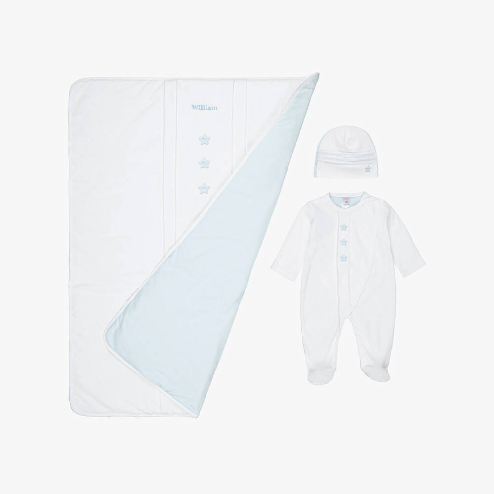 Sofija-Boys Personalised White & Blue Cotton Babysuit Set | Childrensalon