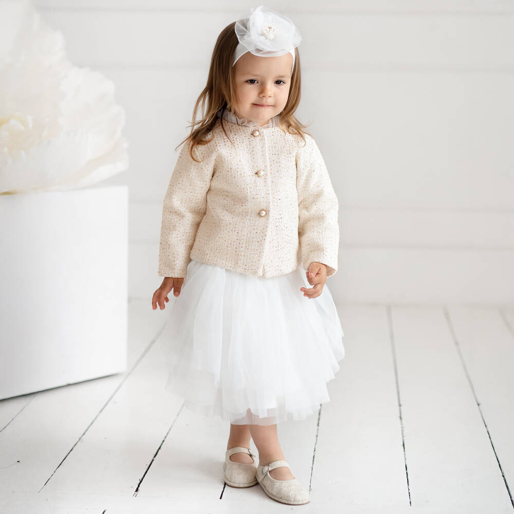 Sofija-Girls Ivory Tweed Jacket & White Tulle Skirt Set | Childrensalon