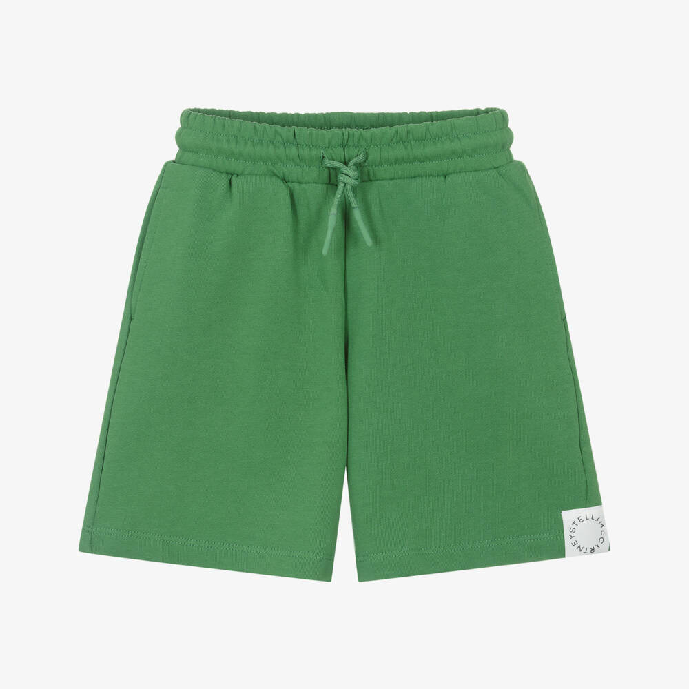 Stella McCartney Kids-Boys Green Cotton Jersey Shorts with Logo Tab | Childrensalon