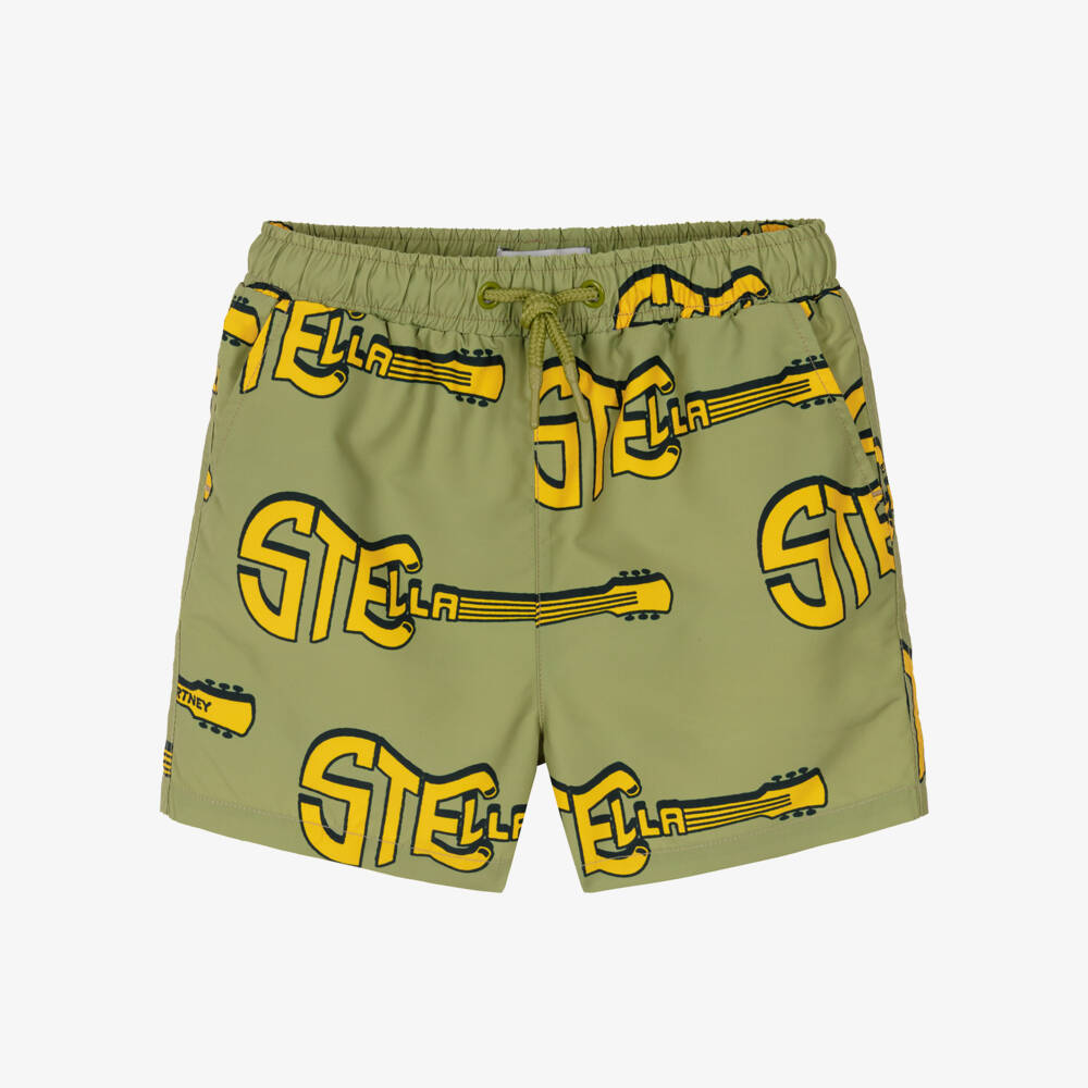 Stella McCartney Kids-Boys Green Swim Shorts with Yellow Guitar Logos | Childrensalon