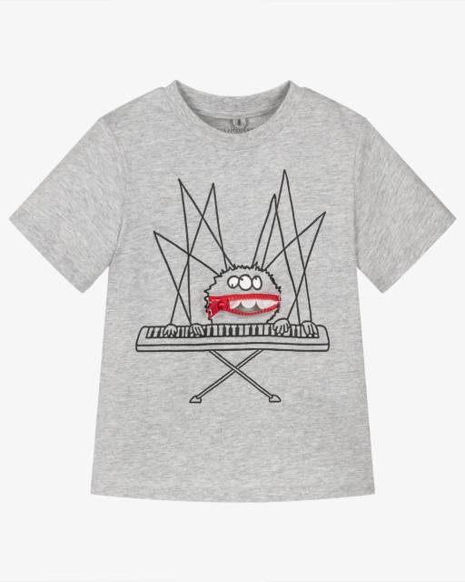 Stella McCartney Kids-Boys Grey Cotton Spider T-Shirt with Interactive Zip Pocket | Childrensalon