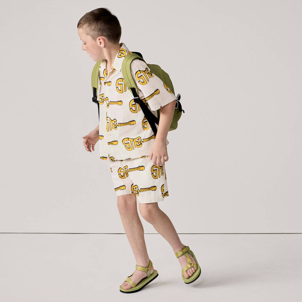 Stella McCartney Kids-Boys Ivory Cotton Shorts with Yellow Logo Guitars | Childrensalon