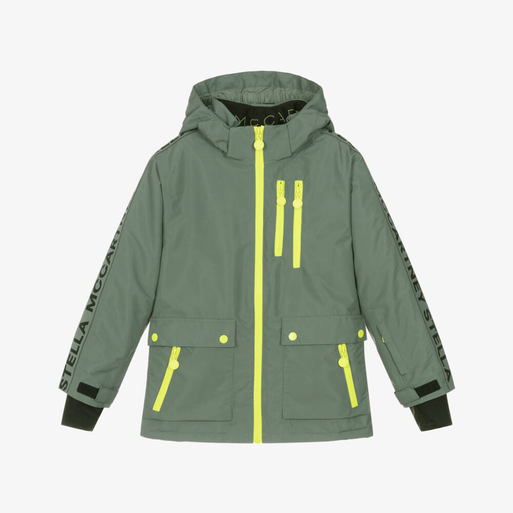 Stella McCartney Kids-Boys Khaki Green Ski Jacket With Neon Yellow Detailing | Childrensalon