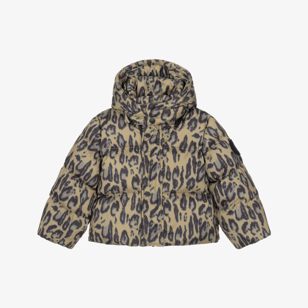 Stella McCartney Kids-Girls Beige Leopard Print Hooded Puffer Jacket | Childrensalon