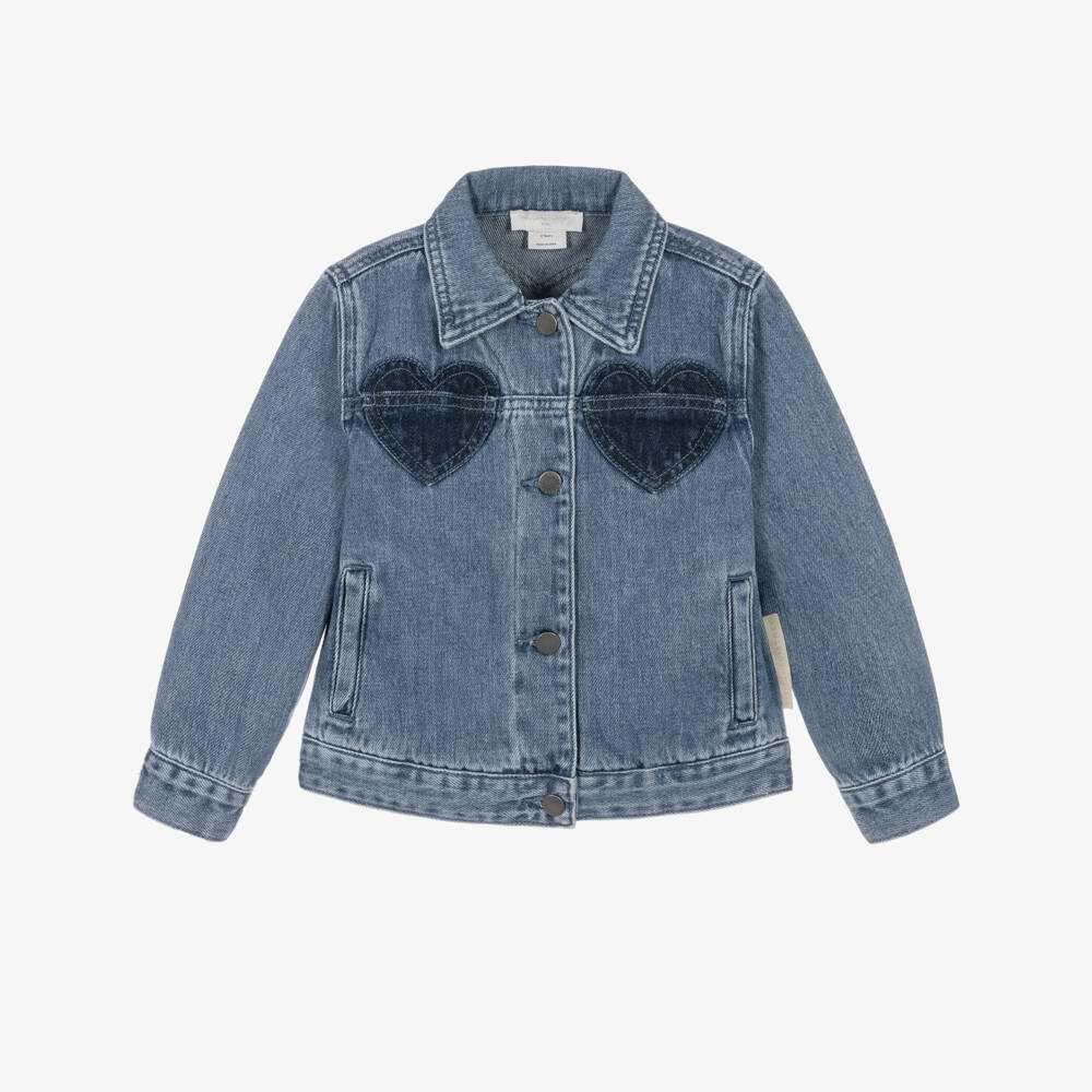 Stella McCartney Kids-Girls Blue Denim Jacket with Heart Motifs | Childrensalon