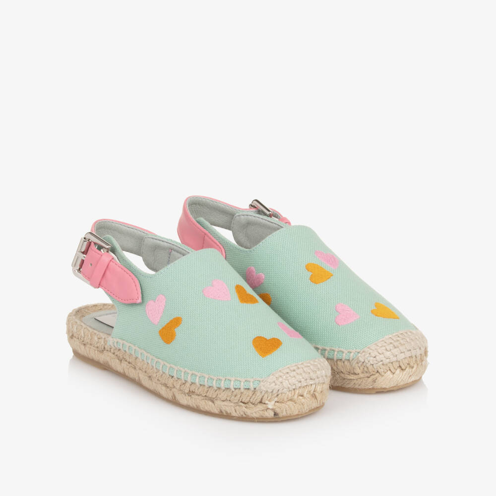 Stella McCartney Kids-Girls Green Embroidered Hearts Espadrilles | Childrensalon