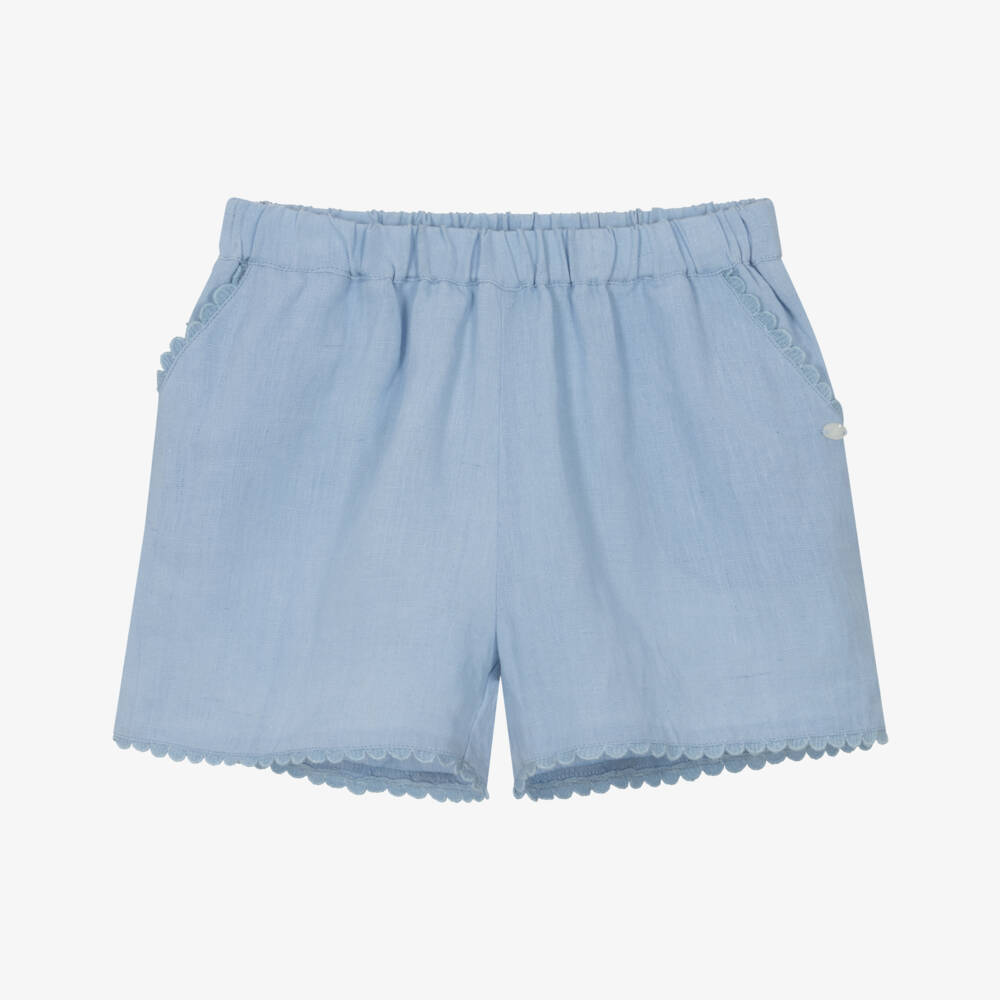 Tartine et Chocolat-Girls Blue Linen Shorts with Scalloped Embroidery | Childrensalon