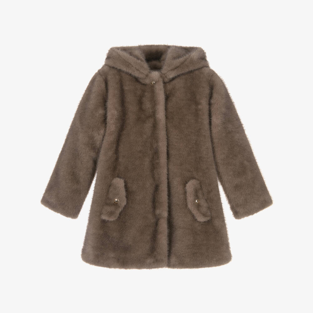 Tartine et Chocolat-Girls Brown Hooded Faux Fur Coat | Childrensalon