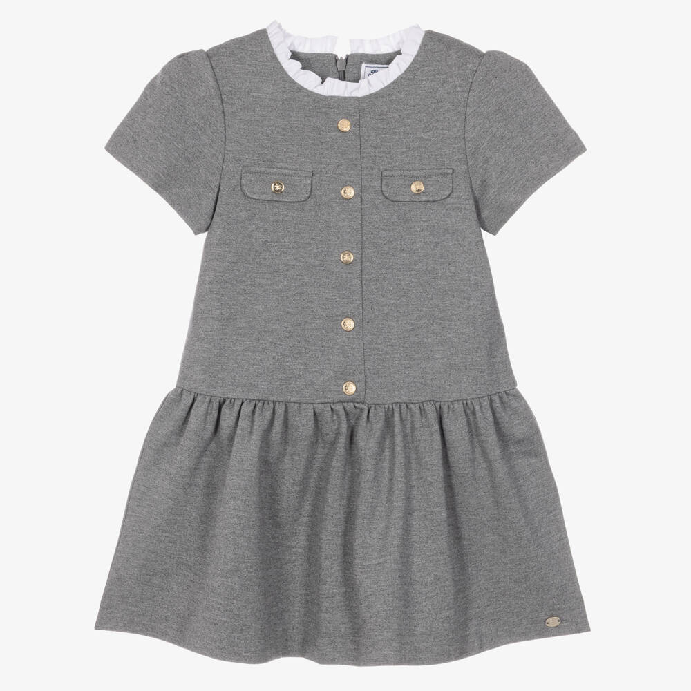 Tartine et Chocolat-Girls Grey Double-Knit Jersey Dress with Frill Collar | Childrensalon