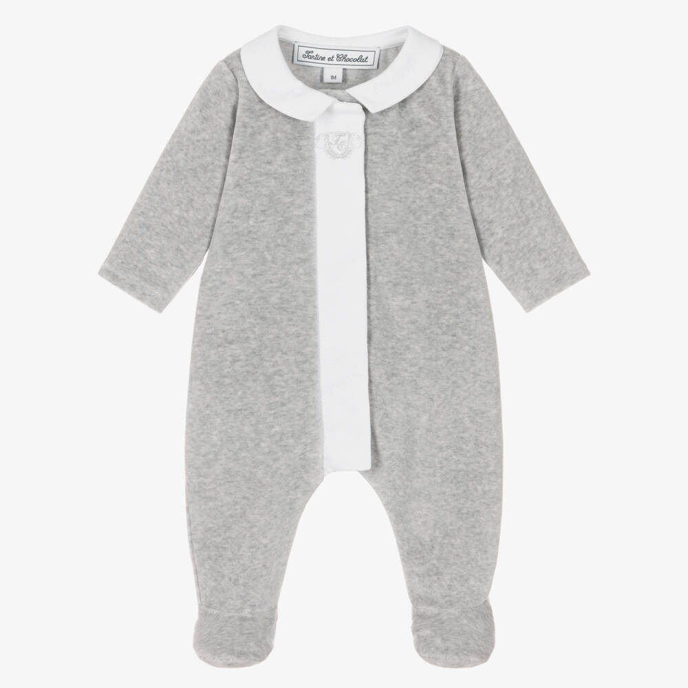 Tartine et Chocolat-Grey Marl Velour Babygrow with Waffle Collar | Childrensalon