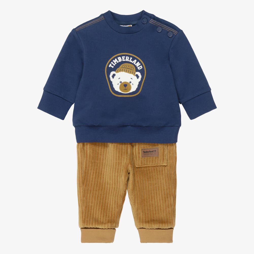 Timberland-Baby Boys Blue & Brown Trouser Set with Bear Motif | Childrensalon