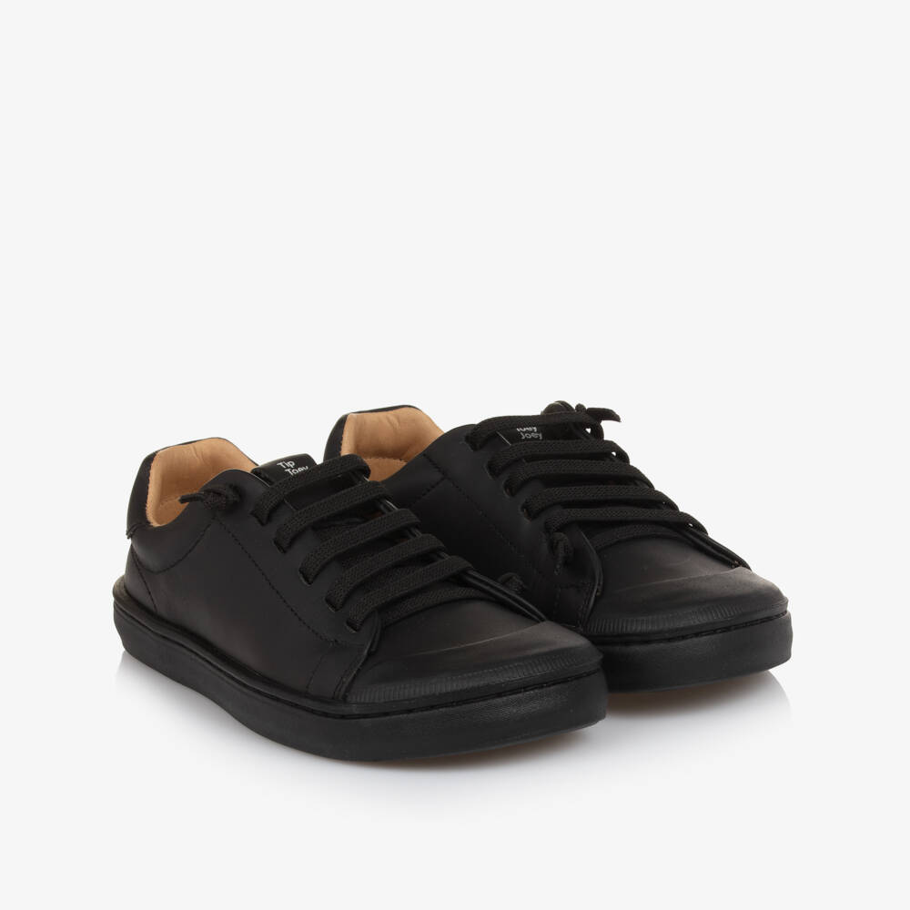 Tip Toey Joey-Boys Black Leather Trainers with Elasticated Laces | Childrensalon