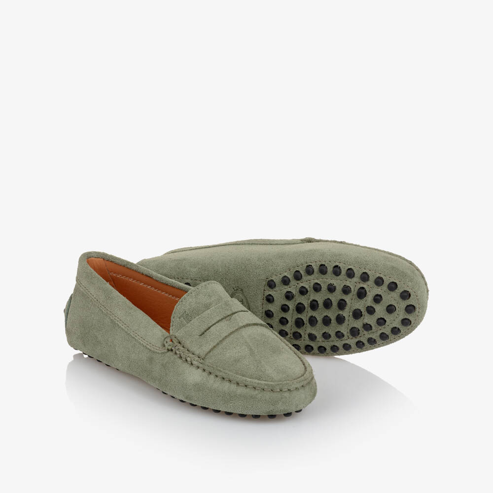 Tod's-Boys Sage Green Suede Leather Moccasins | Childrensalon