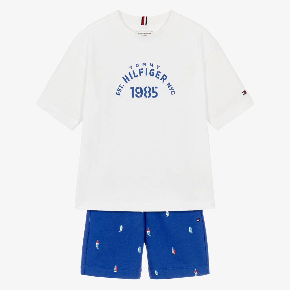 Tommy Hilfiger-Boys White & Blue Cotton Sailing Boat Shorts Set  | Childrensalon