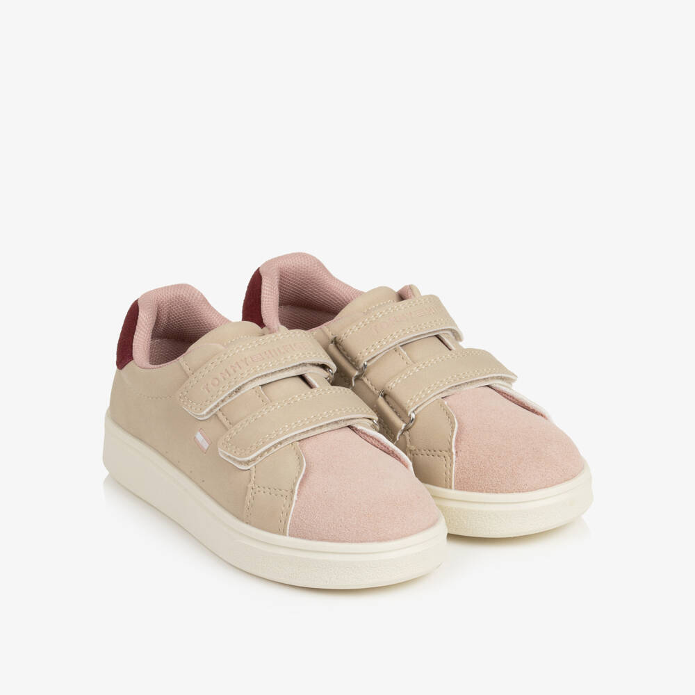Tommy Hilfiger-Girls Beige & Pink Faux Leather Velcro Trainers | Childrensalon