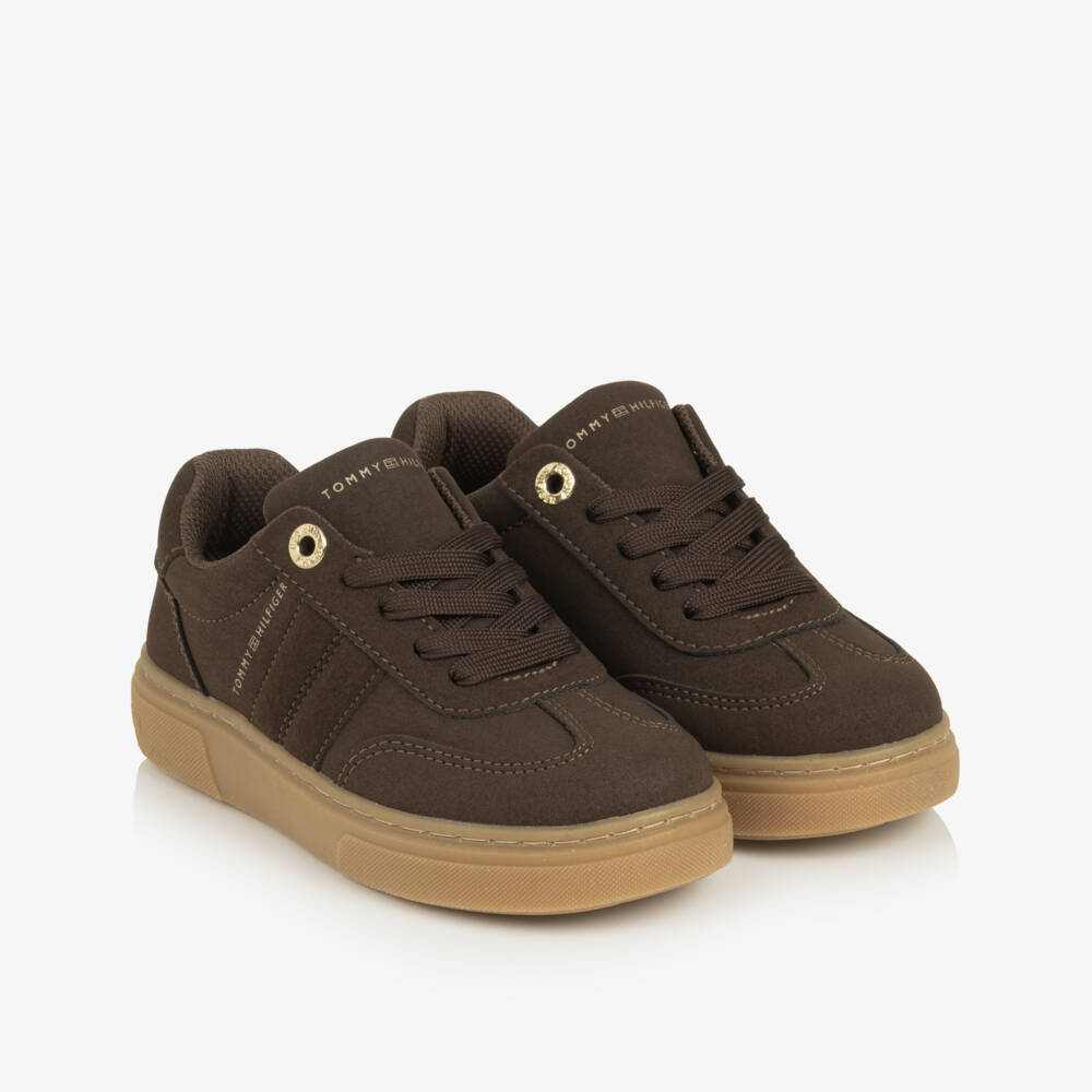 Tommy Hilfiger-Girls Brown Faux Suede Lace-Up Trainers | Childrensalon