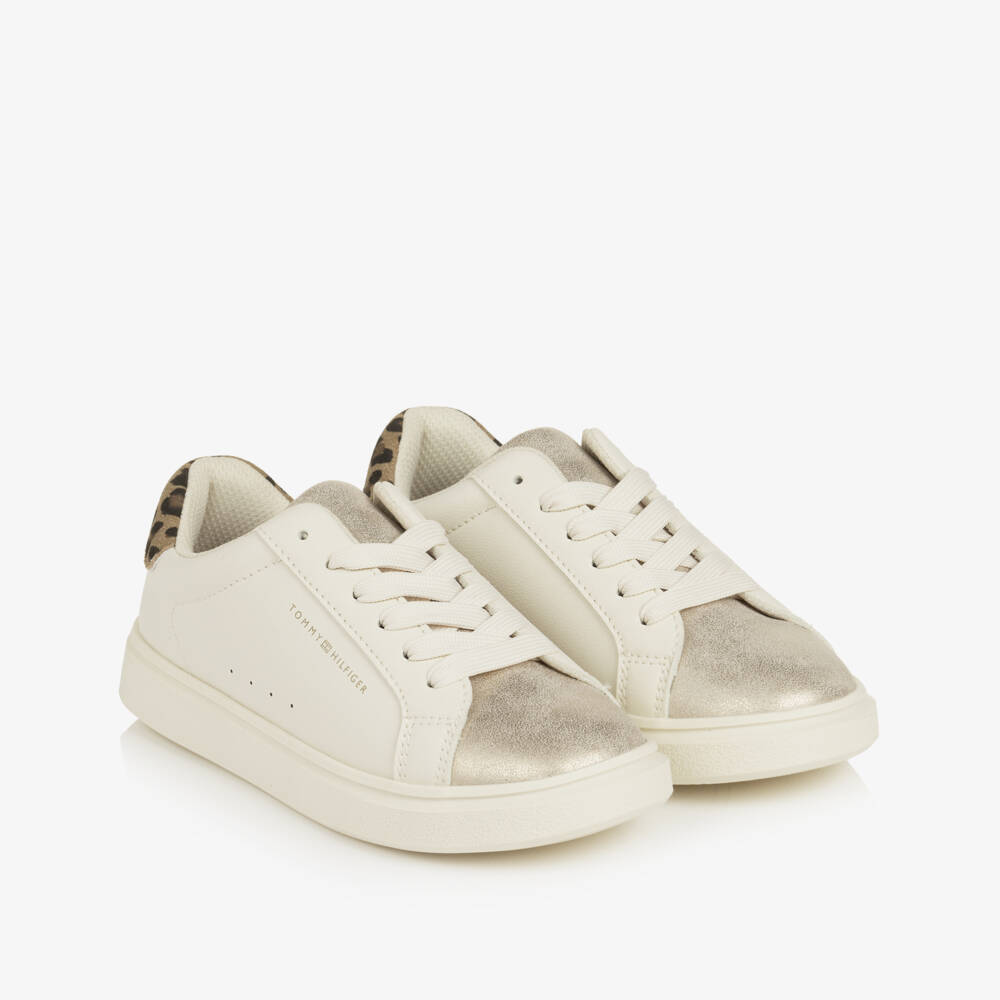 Tommy Hilfiger-Girls Ivory & Metallic Gold Lace-Up Trainers | Childrensalon