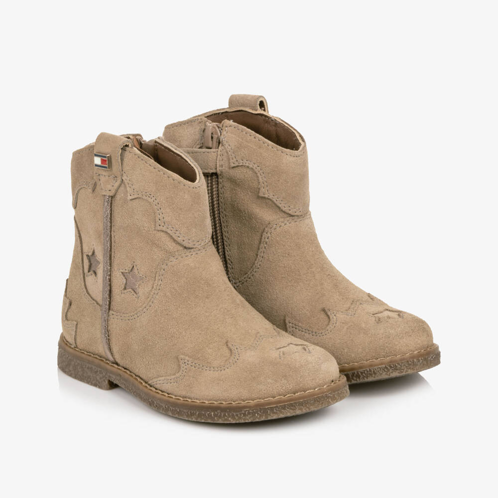 Tommy Hilfiger-Girls Taupe Suede Leather Western-Style Ankle Boots | Childrensalon
