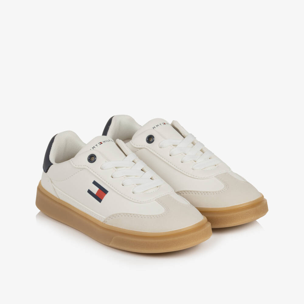 Tommy Hilfiger-Off-White & Beige Flag Trainers with Laces | Childrensalon