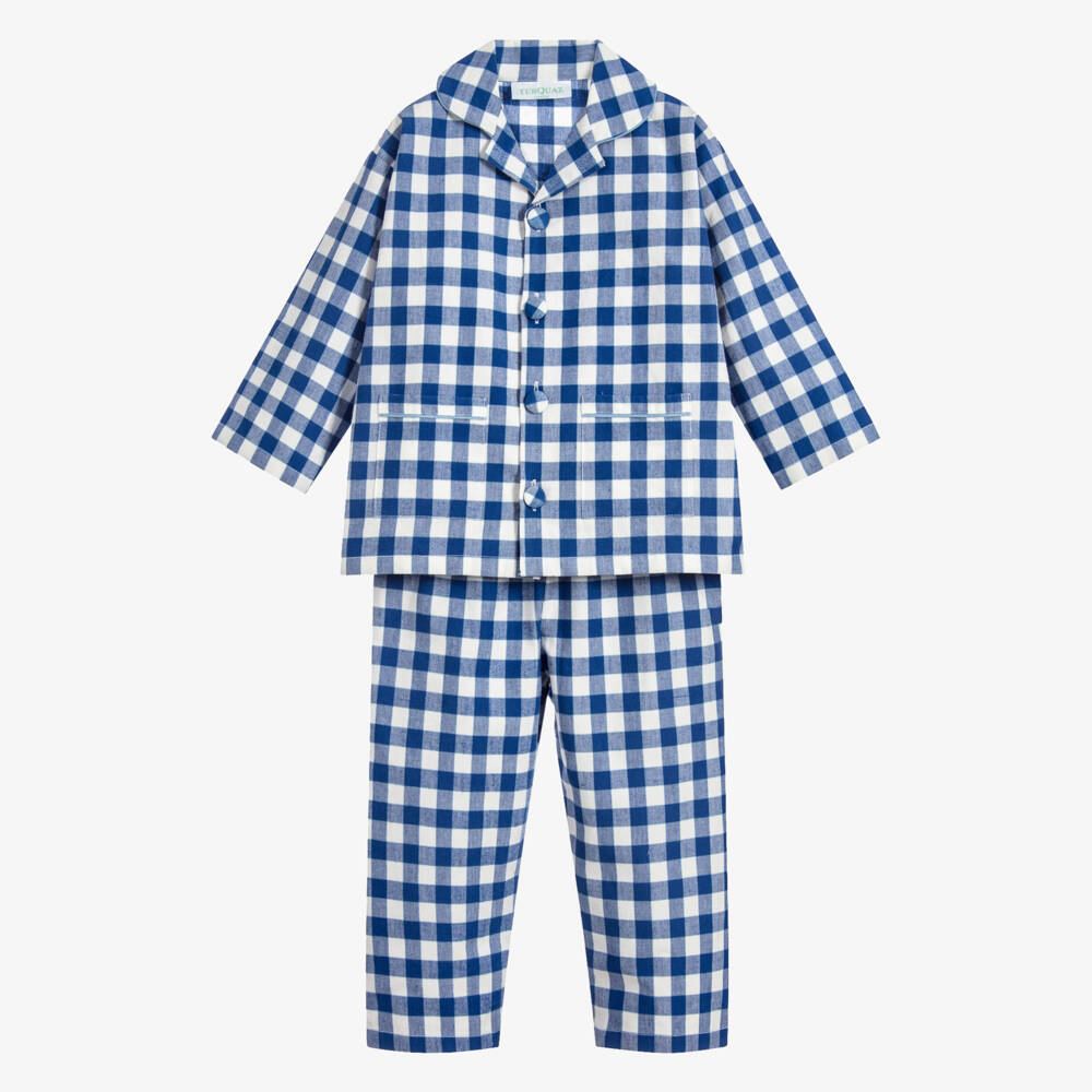 Turquaz-Boys Blue Cotton Gingham Pyjamas | Childrensalon