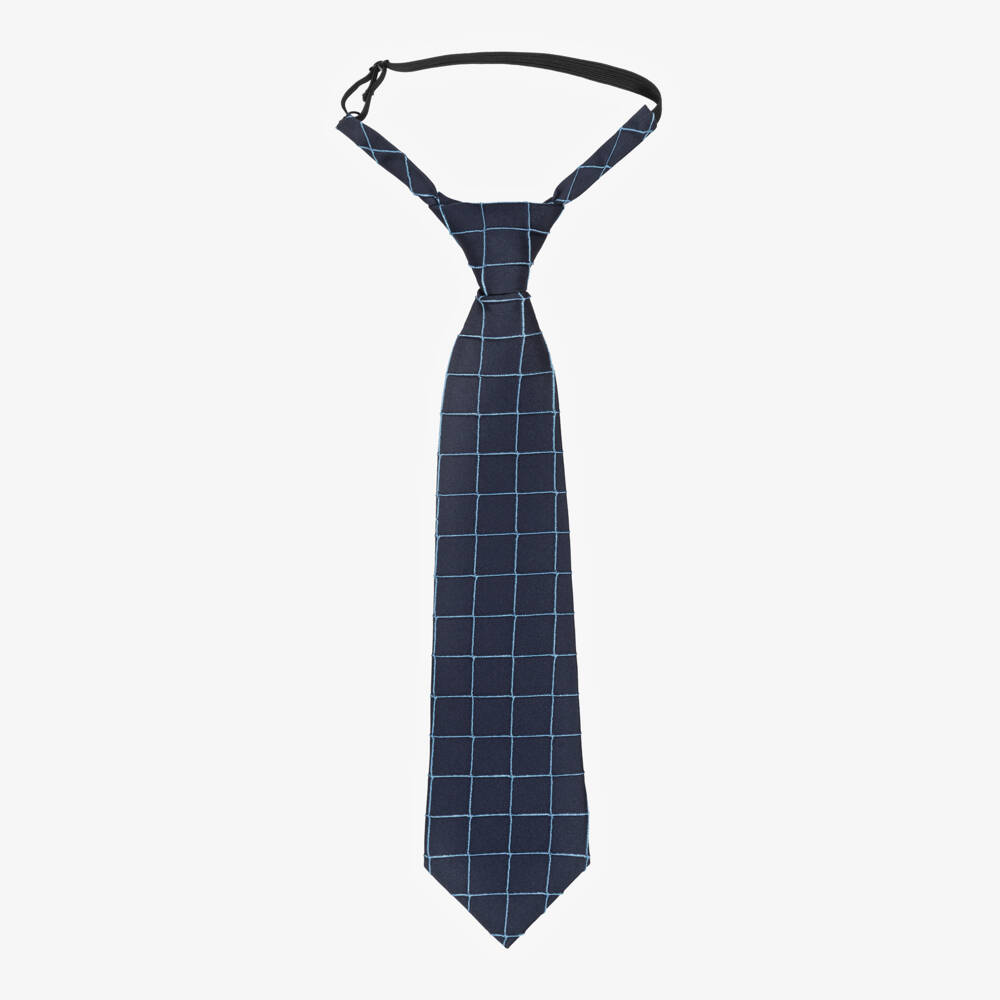 Varones One-Boys Navy Blue Check Pattern Tie | Childrensalon