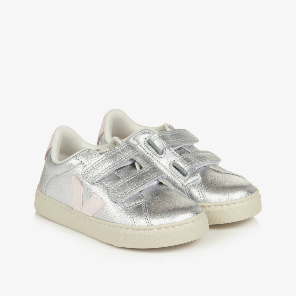 VEJA-Girls Metallic Silver Leather Esplar Trainers | Childrensalon