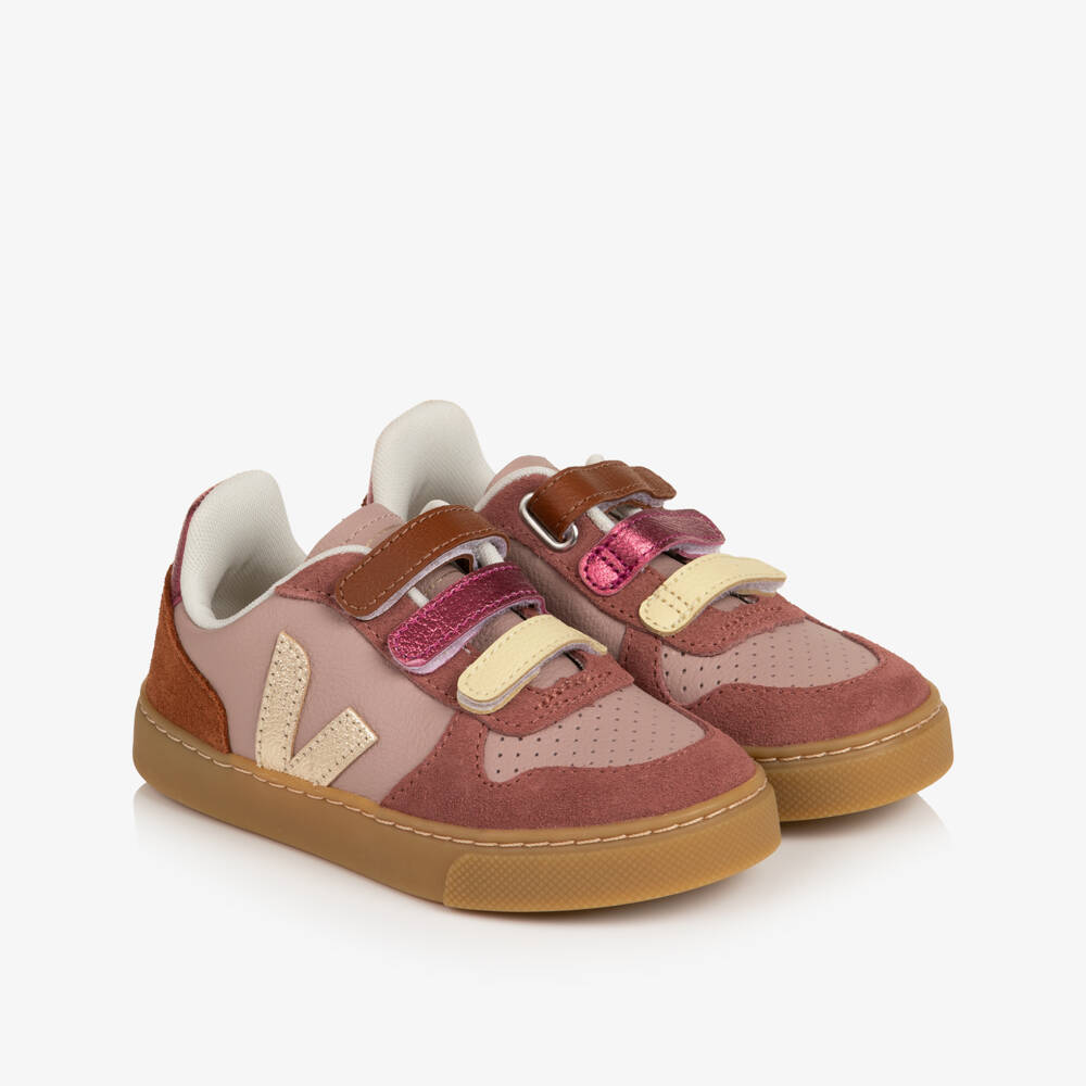 VEJA-Girls Pink & Tan Brown V-10 Leather Trainers | Childrensalon