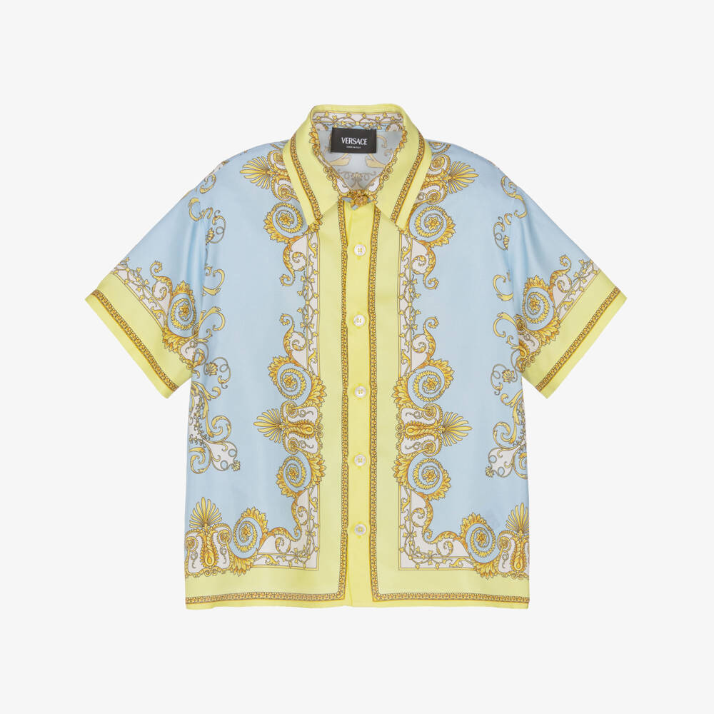 Versace-Boys Blue & Yellow Barocco Print Silk Shirt | Childrensalon