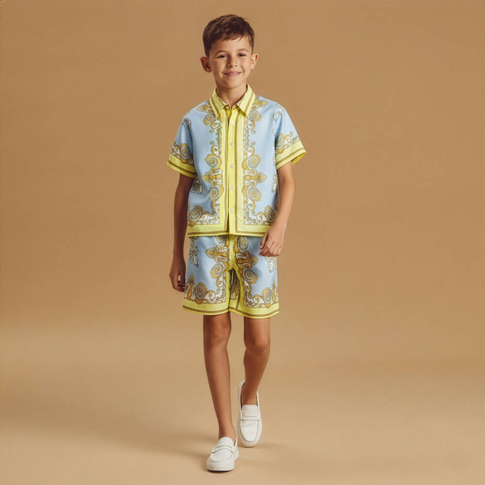 Versace-Boys Blue & Yellow Barocco Print Silk Shirt | Childrensalon