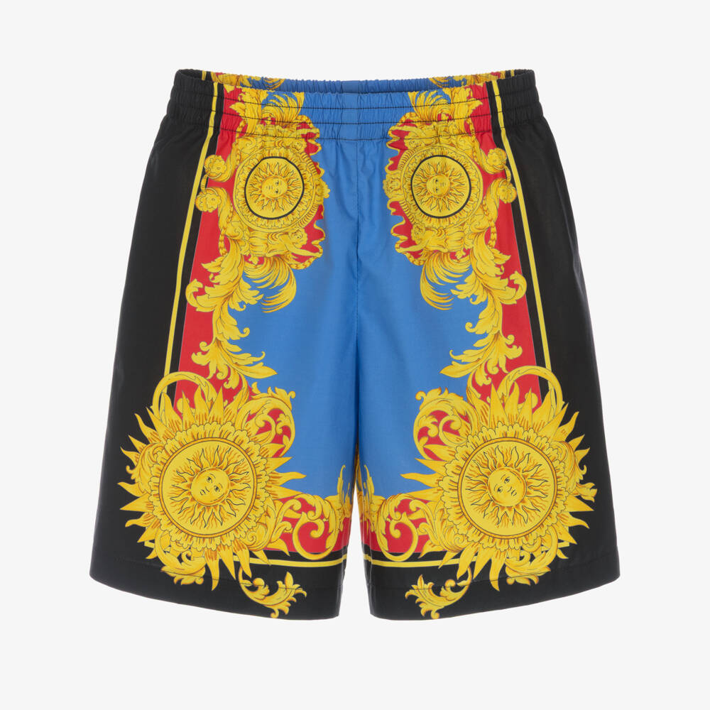 Versace-Boys Blue & Yellow Poplin Shorts with Sun Graphics | Childrensalon