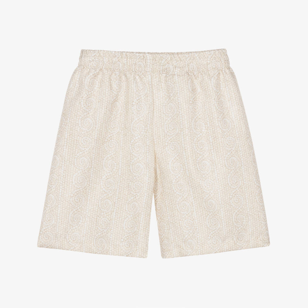 Versace-Boys Ivory & Beige Silk Greca Mosaic Silk Shorts  | Childrensalon