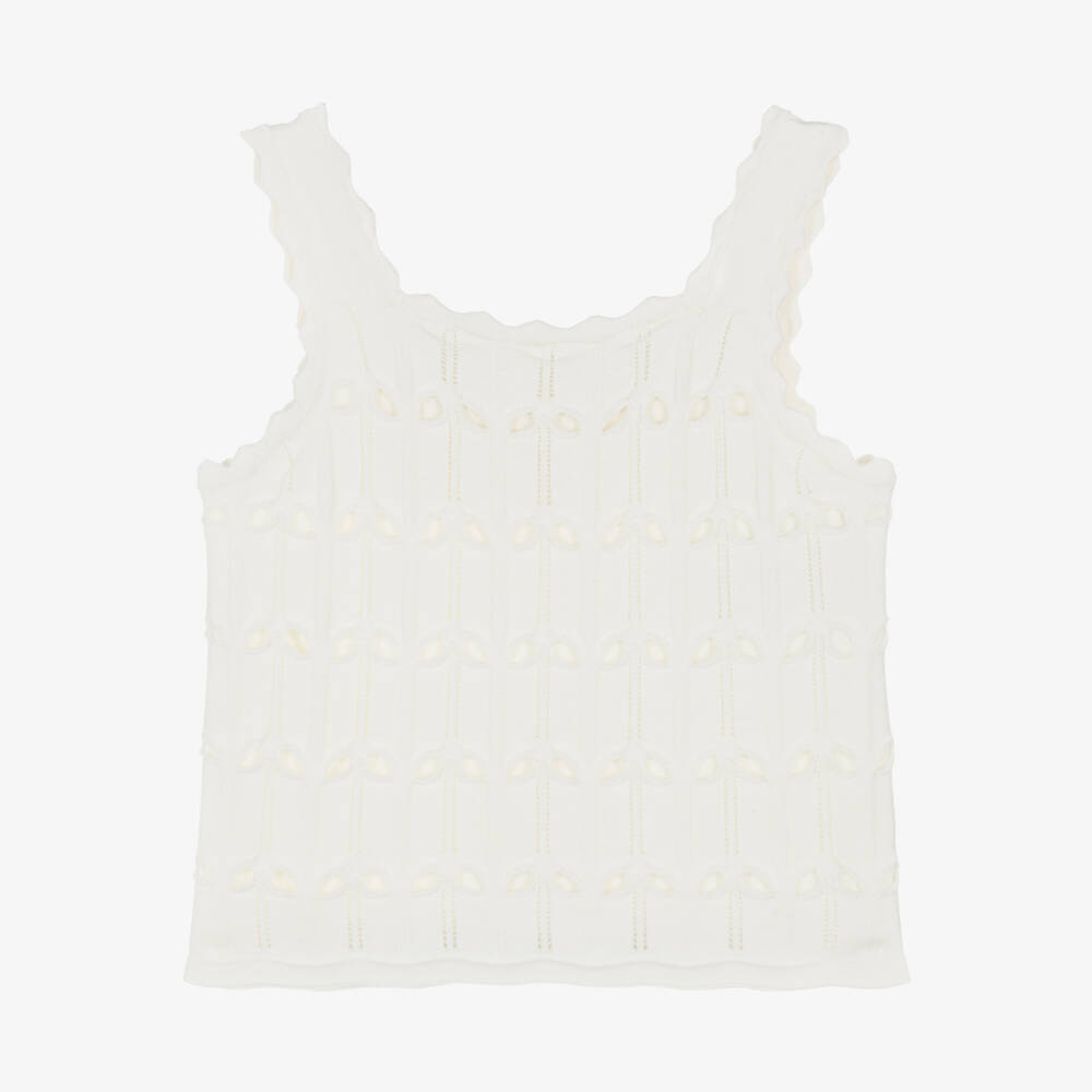 Zimmermann-Girls Ivory Knit Sleeveless Top with Scalloped Trim | Childrensalon